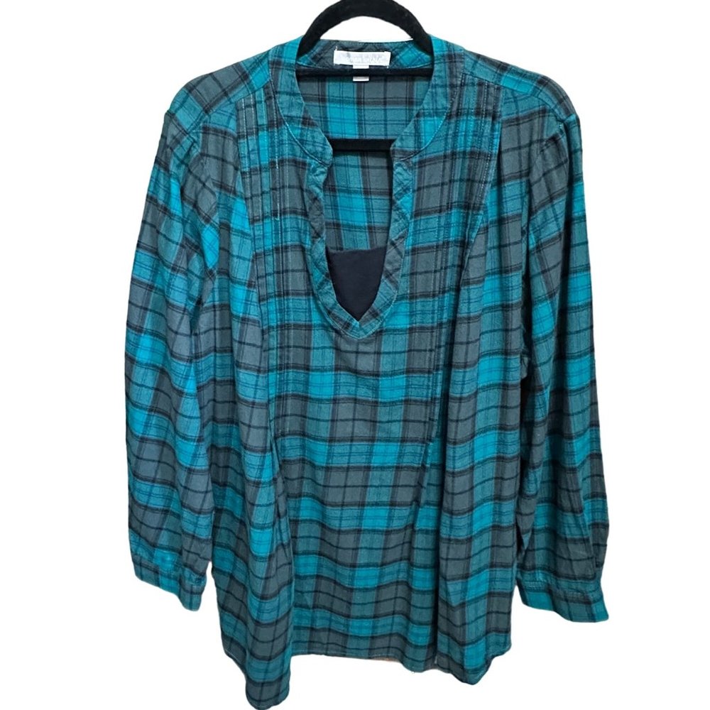 Woman Within size 1X 22/24 green black watch plaid pin tuck flannel shirt